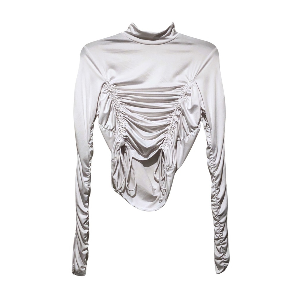 Heart & Hips White Mock Neck Cinched Long Sleeve Adjustable Stretch Medium Top